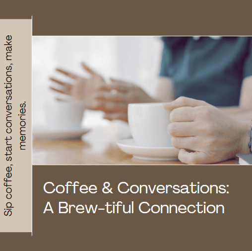 brown and white photo with people gathered around the kitchen table talking. Featured hands and coffee cups.