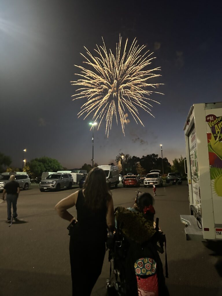 Siloutees of Mikelle and Katherine look at a golden circular firework in the evening sky.